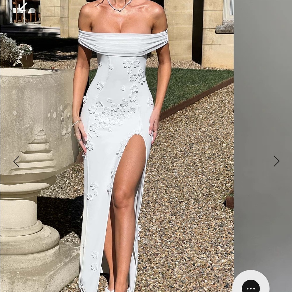 White Embellished Off-Shoulder Gown with Slit